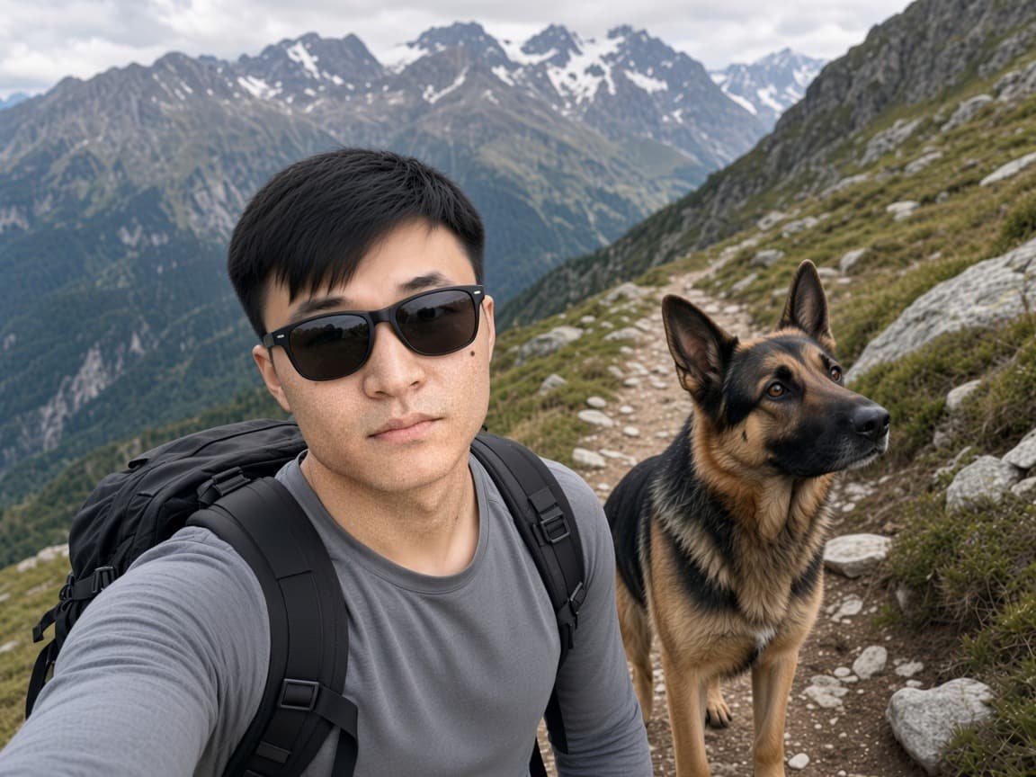 Josh in sunglasses with a pack and a German Shepherd on a mountain trail