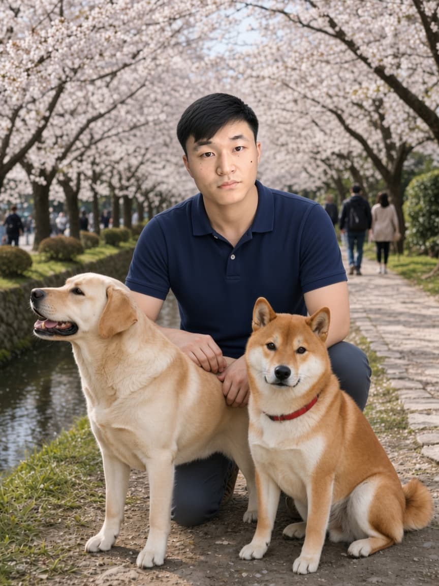Josh with Miso and Sora on the Philosopher's Path